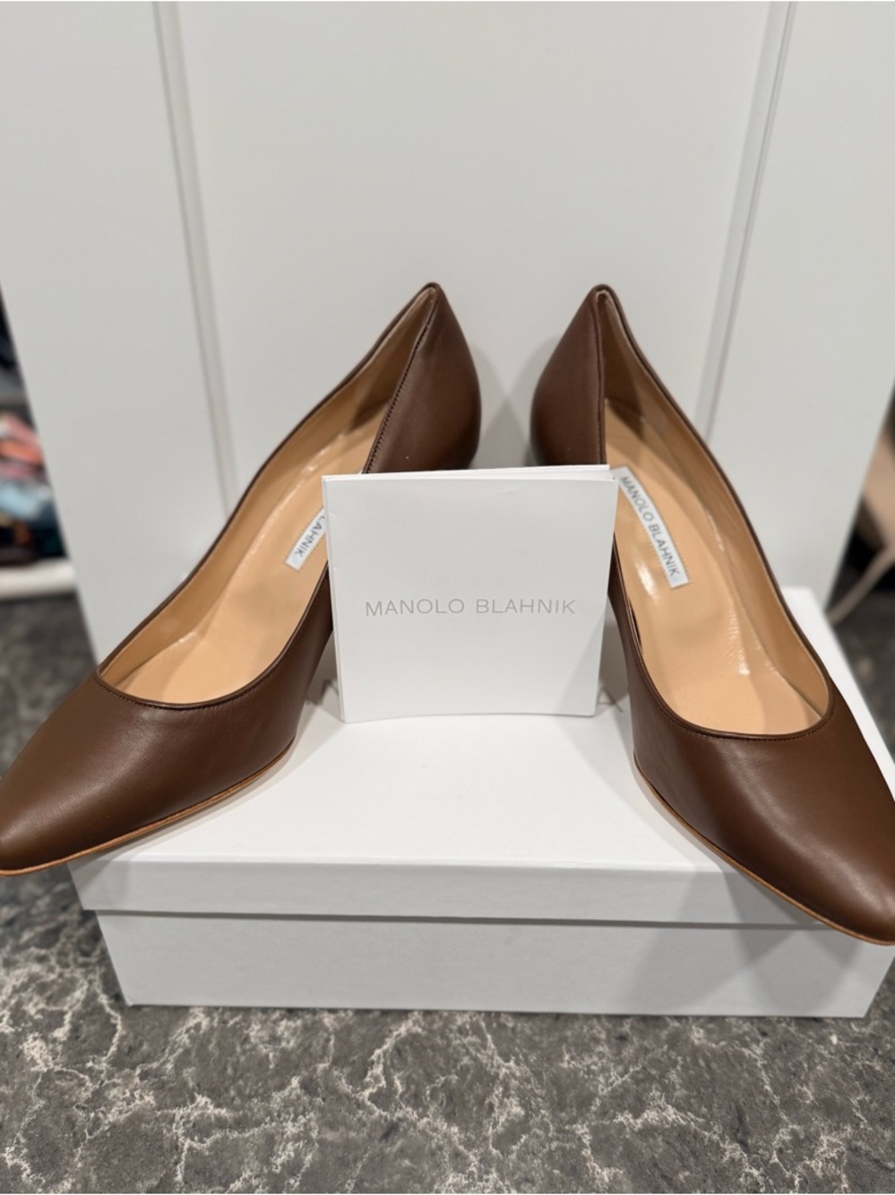 Manolo Blahnik Brown Leather Pointed-Toe Pumps